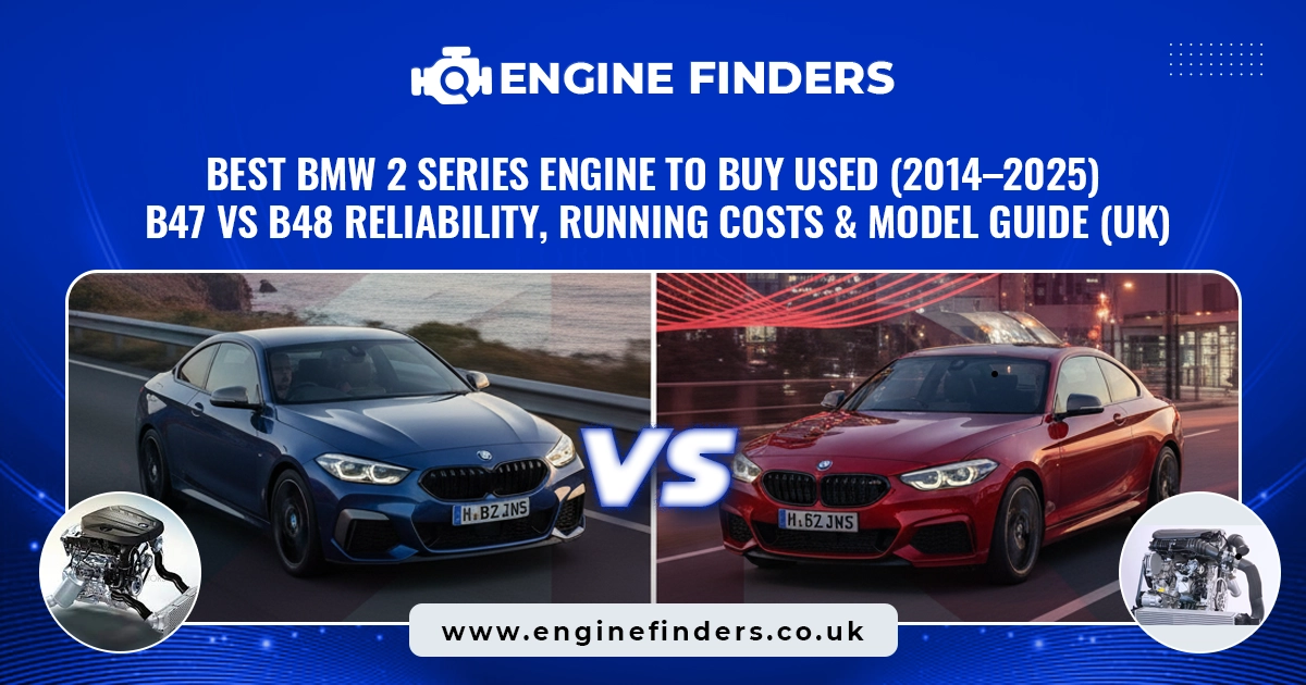 BMW 2 Series comparison: blue vs. red car with B47/B48 engine insets.
