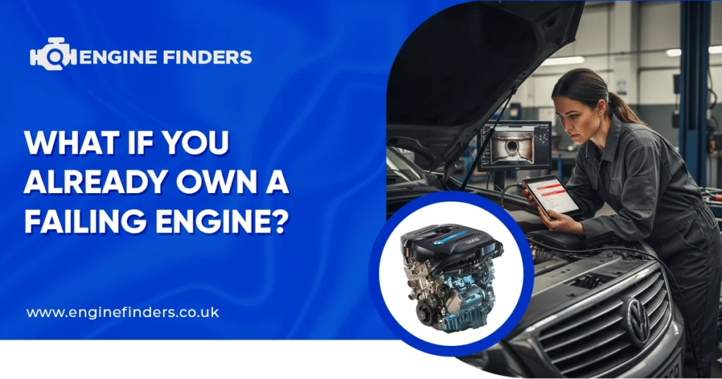 Mechanic using tablet to diagnose car engine, with text about failing engines.