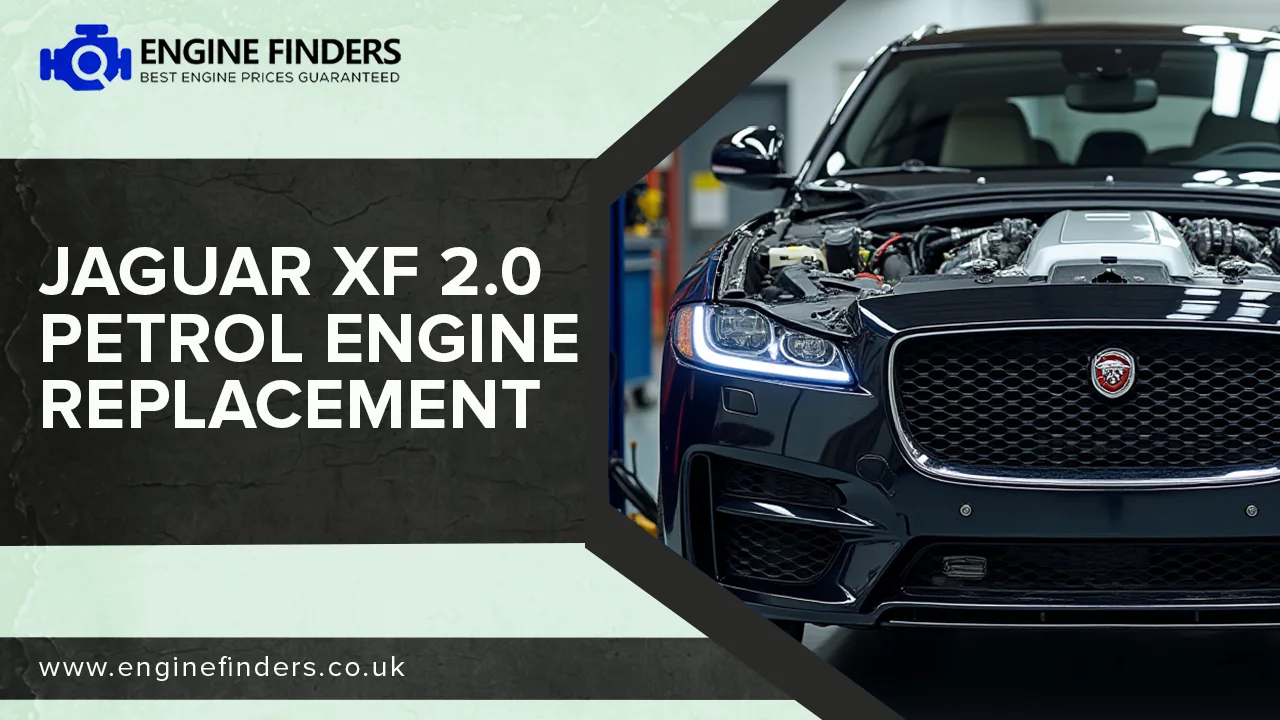 Jaguar XF 2.0 petrol engine replacement service: Hood open, workshop setting, certified engine swap.