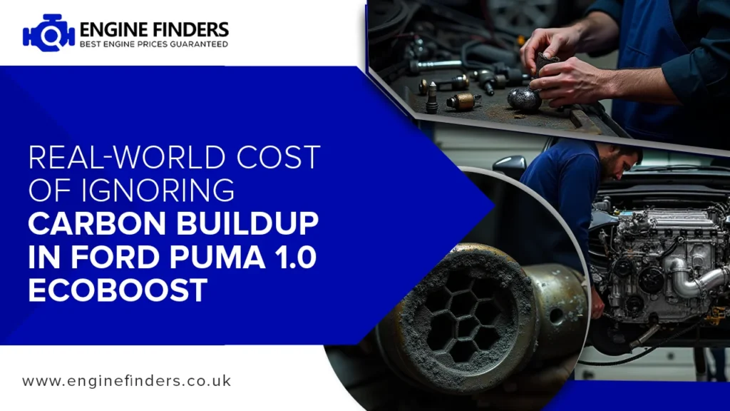 Mechanic inspecting clogged Ford Puma 1.0 EcoBoost engine parts showing real-world cost of ignored carbon buildup. Engine Finders UK