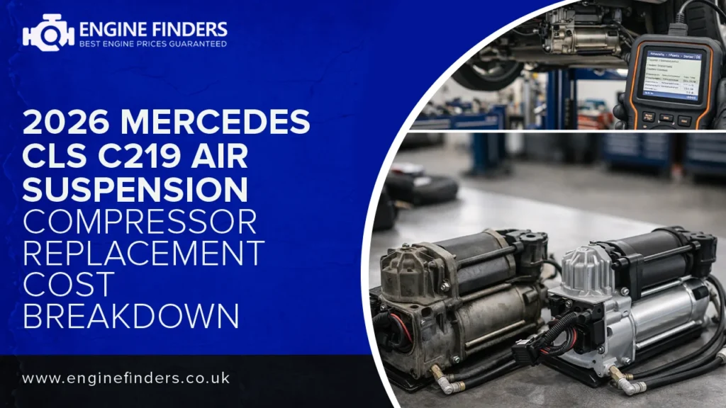 2026 Mercedes CLS C219 Air Suspension Compressor Replacement Cost Breakdown - Engine Finders. Image shows a Mercedes vehicle on a garage lift with diagnostic scanner, and two air suspension compressors (old and new units) displayed side by side on workshop floor. www.enginefinders.co.uk