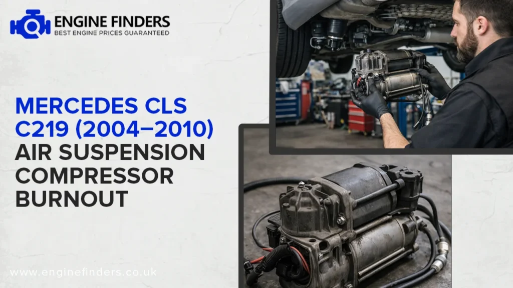 Mechanic replacing air suspension compressor on Mercedes CLS C219 - Engine Finders service
