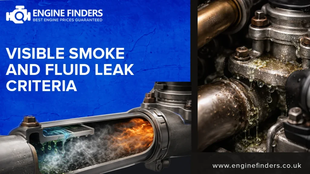 Visible smoke and fluid leak criteria - Engine Finders guide showing cutaway diagram of EGR cooler with internal coolant flow and flames, plus close-up of actual engine component with fluid dripping and leaking