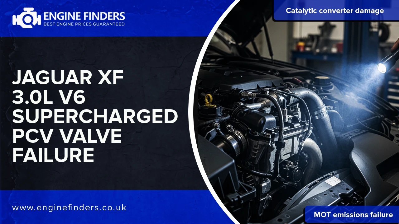 Jaguar XF 3.0L V6 Supercharged engine inspection for PCV valve failure and catalytic converter damage.