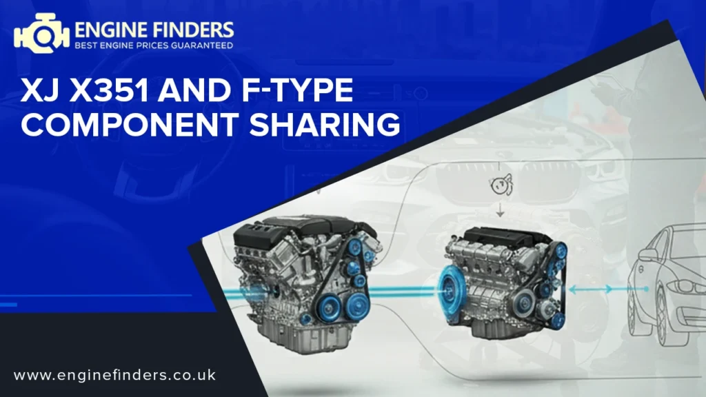 Diagram illustrating shared engine components between Jaguar XJ X351 and F-Type models.