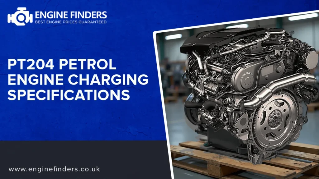 PT204 petrol engine charging specifications - Engine Finders showing complete engine with alternator and flywheel on workshop pallet