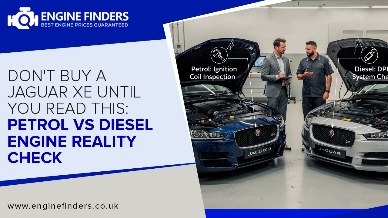 Jaguar XE petrol vs diesel engine comparison inspection - Engine Finders technicians examining P250 ignition coils and D200 DPF systems