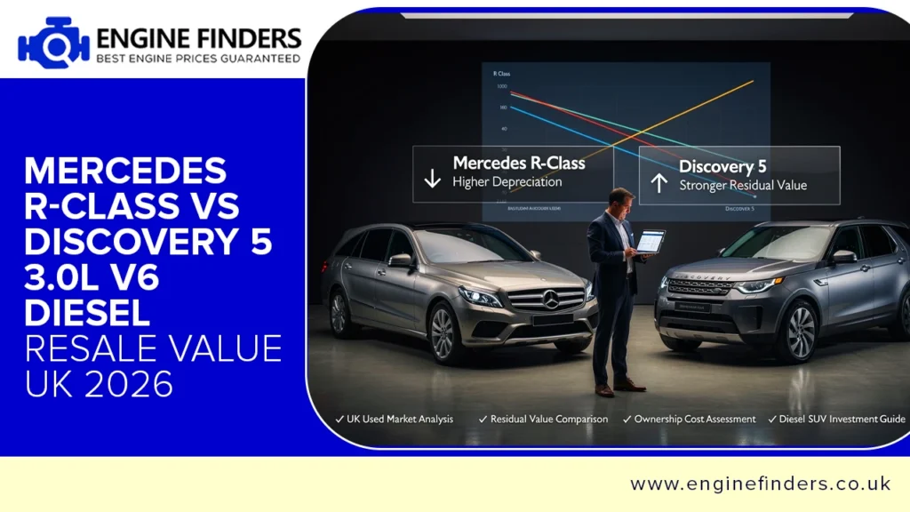 "Mercedes R-Class vs Discovery 5 3.0L V6 Diesel resale value comparison UK 2026 - depreciation graph showing Discovery 5 stronger residual value