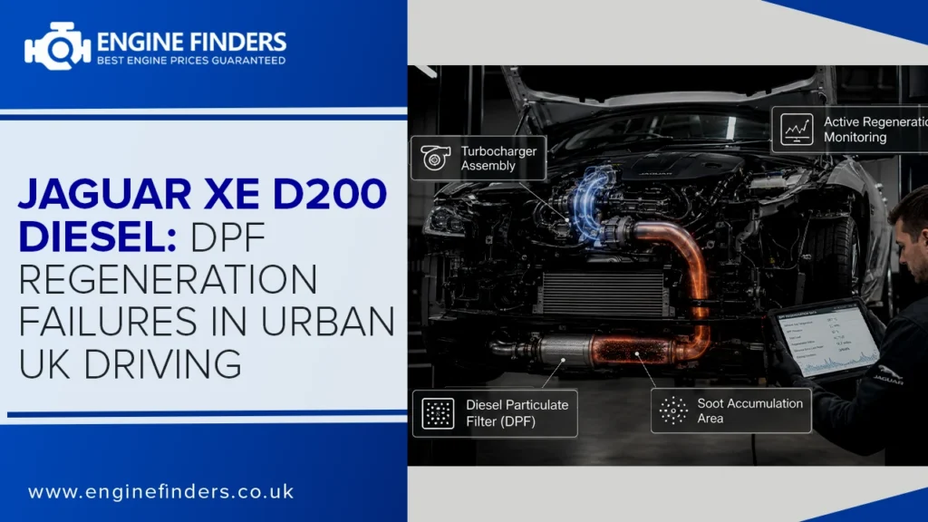 Jaguar XE D200 diesel engine DPF regeneration system - technical diagram showing turbocharger assembly, diesel particulate filter, soot accumulation area, and active regeneration monitoring for urban UK driving failures