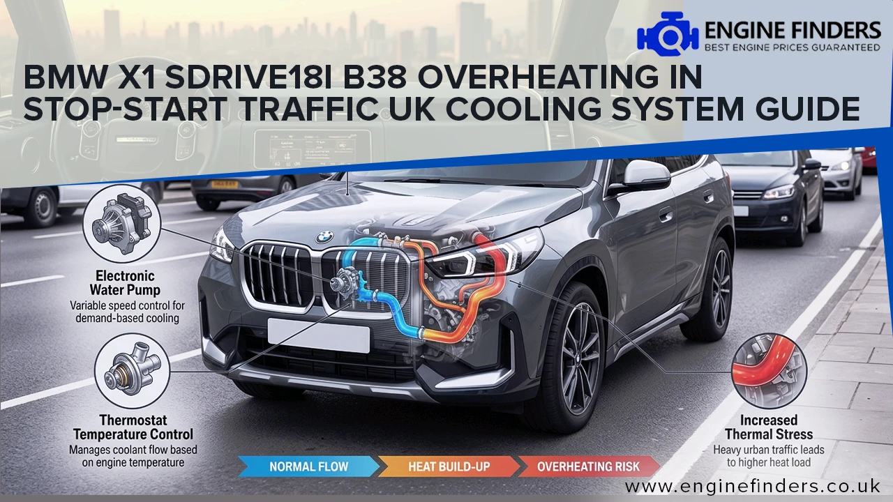 BMW X1 sDrive18i B38 engine cooling system diagram showing electronic water pump, thermostat temperature control, and thermal stress points in stop-start traffic with normal flow, heat build-up, and overheating risk indicators