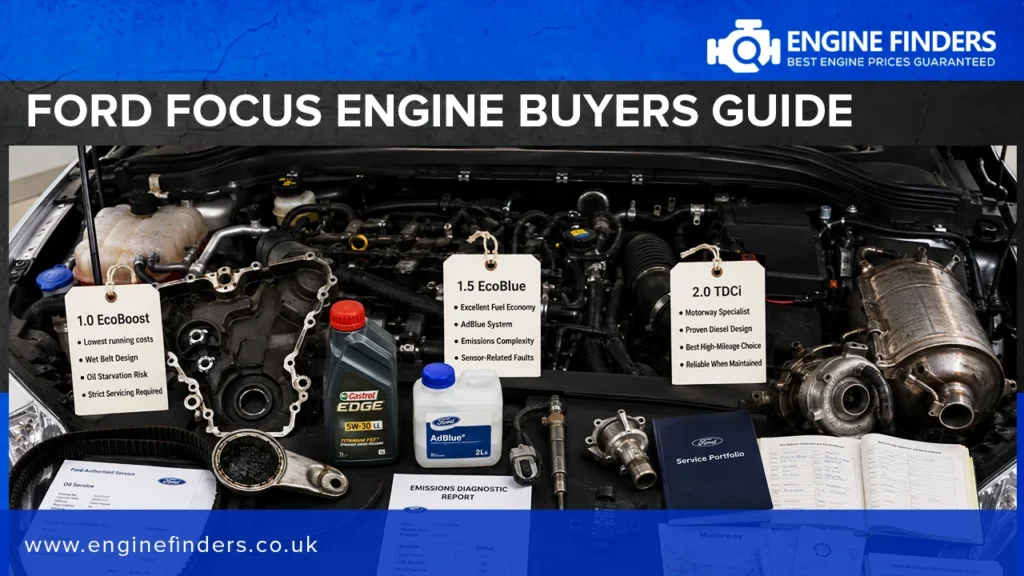 Infographic titled 'Ford Focus Engine Buyers Guide' featuring an open car engine bay with maintenance items like oil, AdBlue, a turbocharger, and service records.