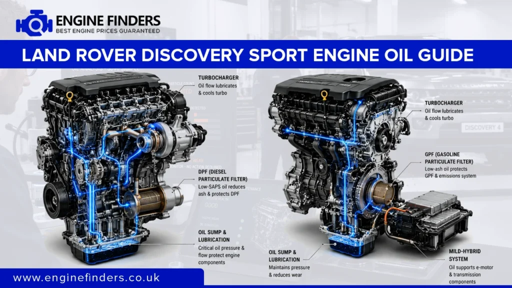 Diagram illustrating oil flow and lubrication paths in Land Rover Discovery Sport diesel and mild-hybrid engines, highlighting turbocharger and sump protection.