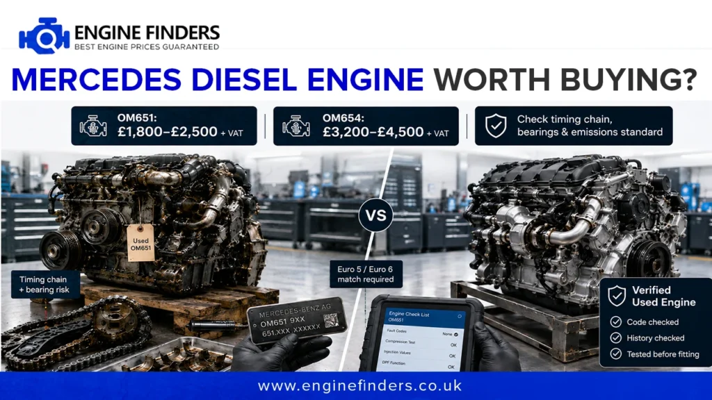 Engine Finders ad comparing Mercedes OM651 vs OM654 diesel engines: pricing ranges, timing chain risks, Euro 5/6 compliance, and verified used engine checks