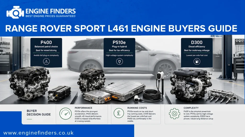 Range Rover Sport L461 engine buyer's guide comparing P400 petrol, P510e plug-in hybrid, and D300 diesel engines with performance, running costs, and complexity comparison by Engine Finders