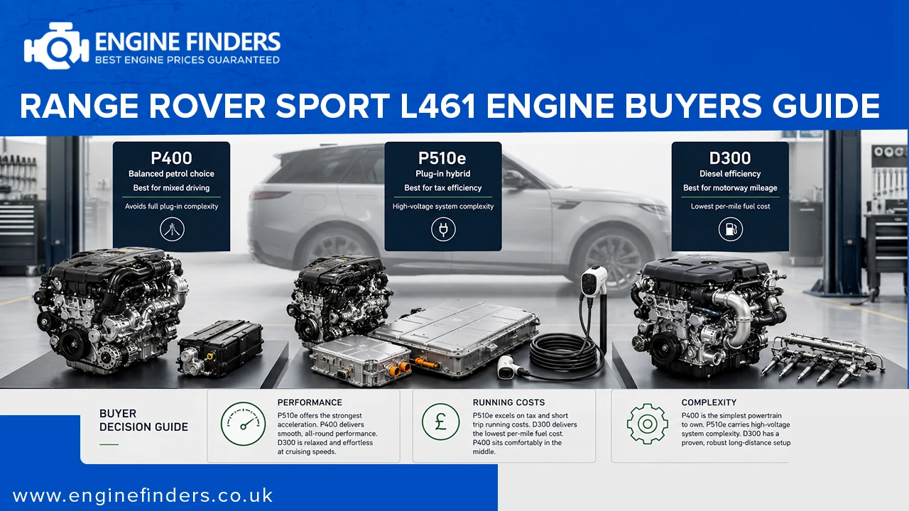 Range Rover Sport L461 engine buyer's guide comparing P400 petrol, P510e plug-in hybrid, and D300 diesel engines with performance, running costs, and complexity comparison by Engine Finders