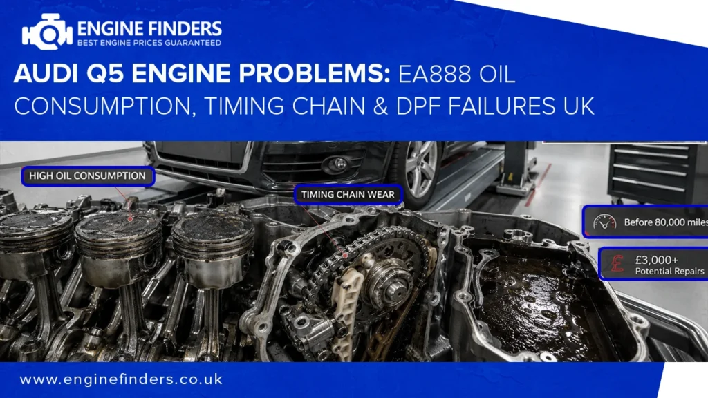 Audi Q5 EA888 engine problems showing high oil consumption on pistons and timing chain wear.