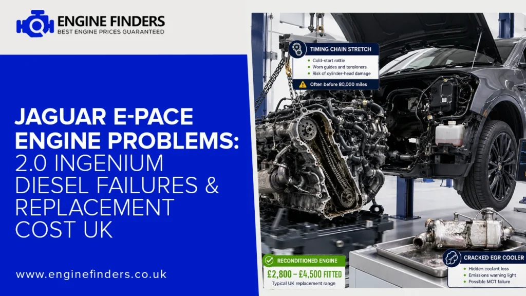 Jaguar E-Pace 2.0 Ingenium diesel engine removed showing timing chain stretch & cracked EGR cooler problems, UK cost