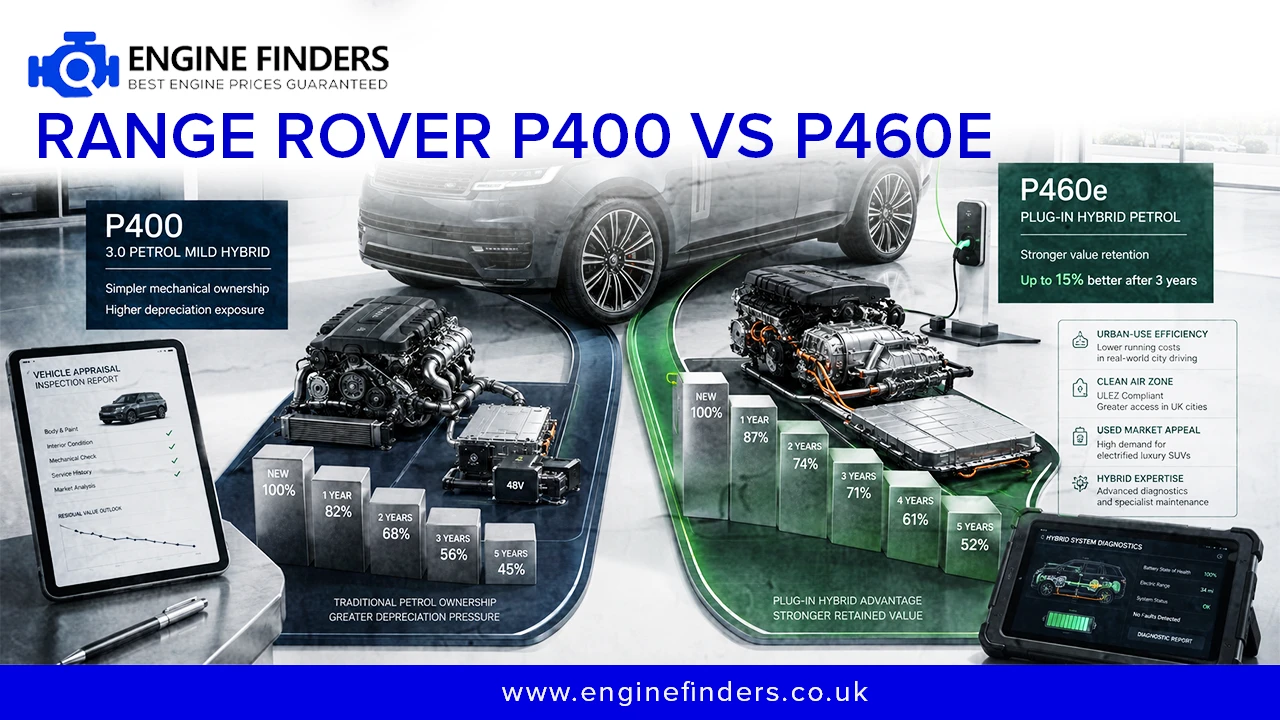 Range Rover P400 vs P460e engine comparison infographic – depreciation & value retention | Engine Finders
