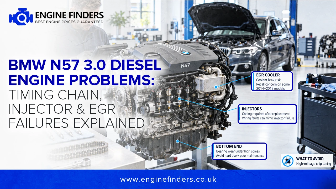 BMW N57 3.0 Diesel engine problems diagram showing timing chain, injector, and EGR failures.