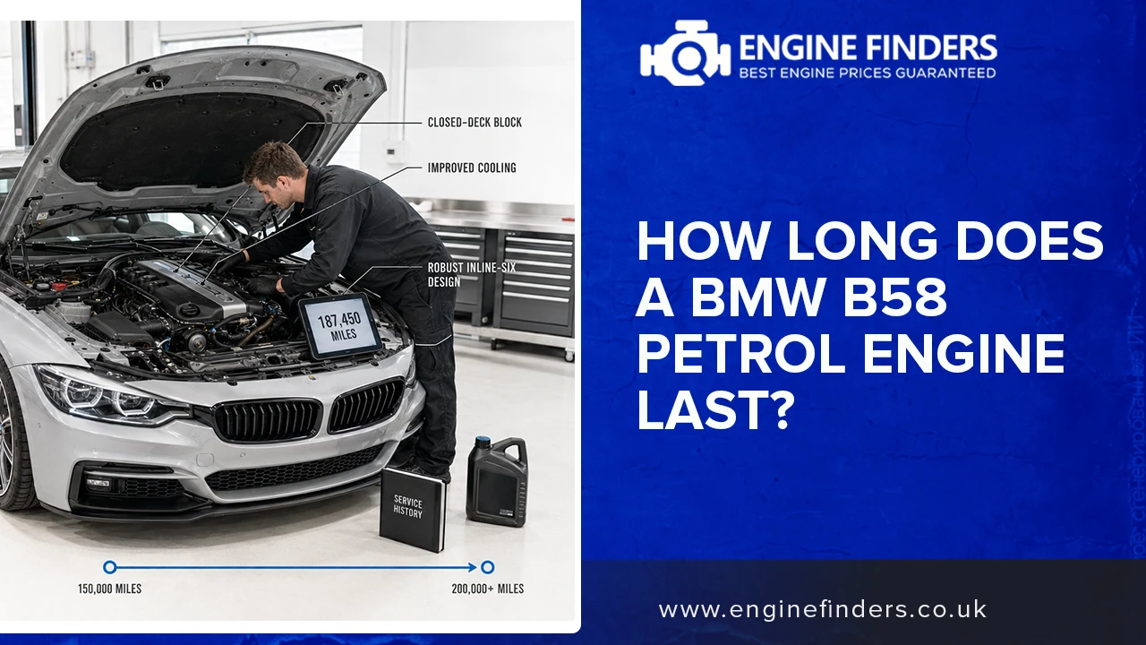 Infographic showing a mechanic inspecting a BMW B58 engine with labels for closed-deck block and improved cooling, asking how long the engine lasts up to 200,000 miles.