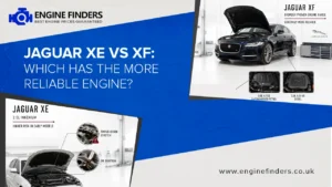 Jaguar XE vs XF engine reliability comparison infographic showing 2.0L Ingenium timing chain issues vs XF's proven 3.0L AJ126 and AJD-V6 engines
