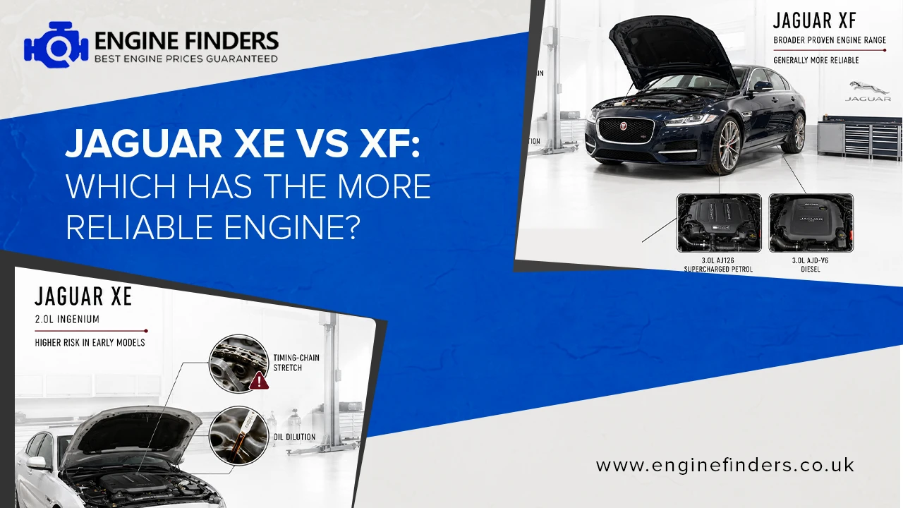 Jaguar XE vs XF engine reliability comparison infographic showing 2.0L Ingenium timing chain issues vs XF's proven 3.0L AJ126 and AJD-V6 engines