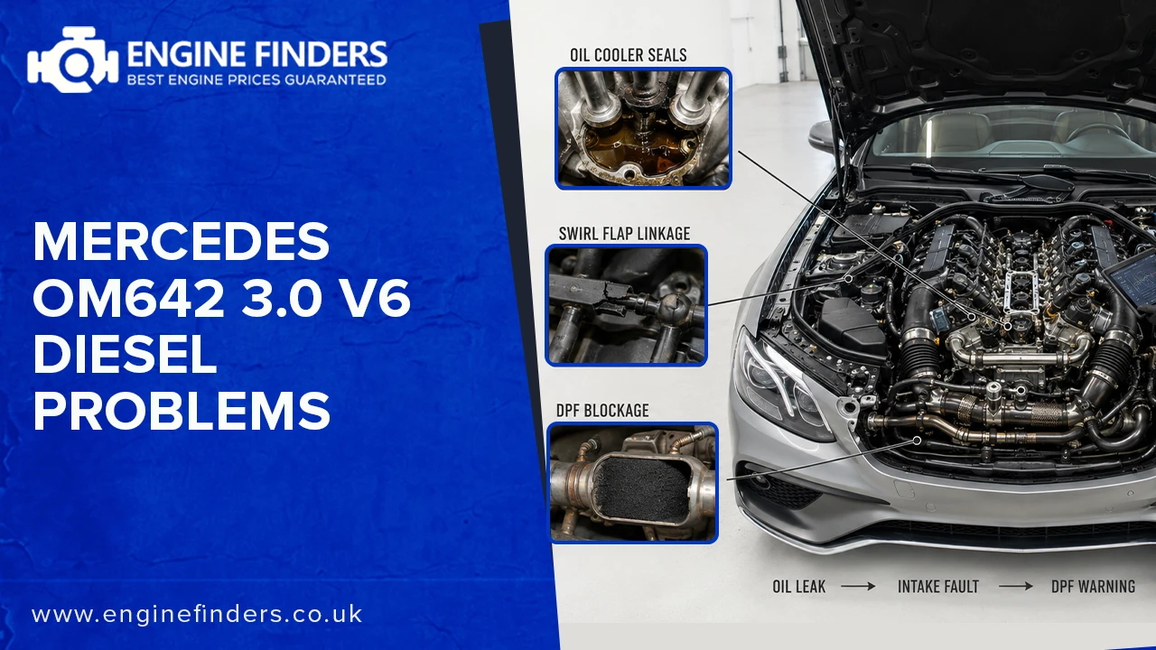 Mercedes OM642 3.0 V6 diesel engine problems infographic showing oil cooler seals failure, swirl flap linkage issues, and DPF blockage with engine bay view.