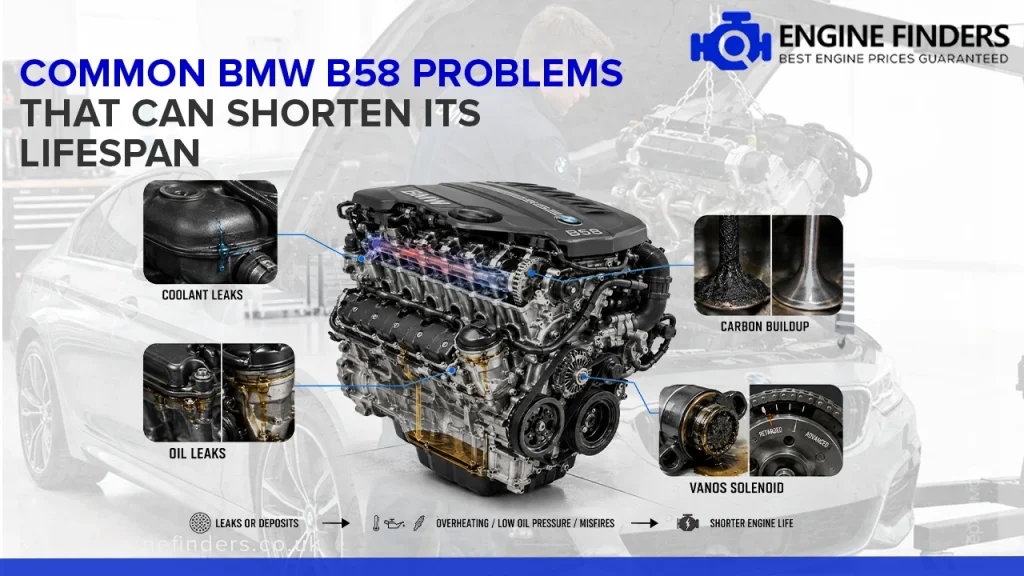 Infographic of common BMW B58 engine problems: coolant leaks, oil leaks, carbon buildup, and Vanos solenoid failure shortening engine life.