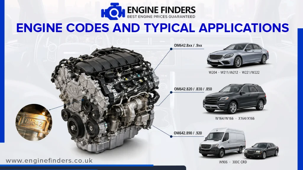Infographic showing Mercedes OM642 engine codes (8xx, 820, 890 series) and typical applications for C-Class, M-Class, Sprinter, and Chrysler 300C models.