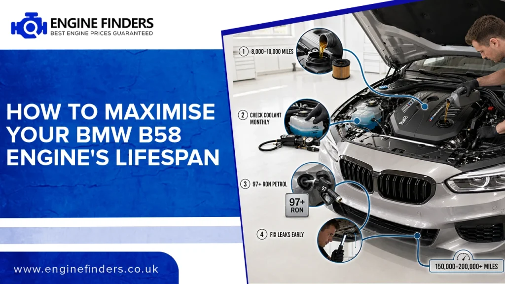 Infographic titled "How to Maximise Your BMW B58 Engine's Lifespan" showing 4 maintenance tips: oil changes every 8,000-10,000 miles, monthly coolant checks, using 97+ RON petrol, and fixing leaks early.